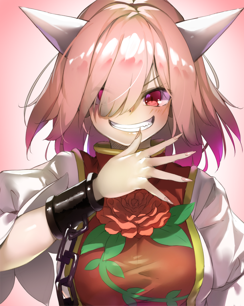 1girl arm_up breasts chains commentary_request cuffs eyes_visible_through_hair fingernails flower furrowed_eyebrows gradient gradient_background grin hair_over_one_eye high_collar horns ibaraki_douji's_arm large_breasts looking_at_viewer medium_hair open_hand pink_background pink_eyes pink_hair piyodesu puffy_short_sleeves puffy_sleeves red_flower red_rose rose shackles sharp_fingernails sharp_teeth shiny shiny_hair shirt short_sleeves slit_pupils smile smirk solo tabard teeth touhou upper_body white_shirt wild_and_horned_hermit