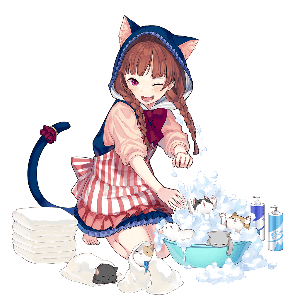 animal_ears artist_request barefoot bath blush braid brown_hair bubble_bath cat cat_ears cat_tail container hood kitten long_hair official_art open_mouth red_eyes skirt sleeves_past_elbows solo splashing squatting tail tail_ring towel transparent_background twin_braids uchi_no_hime-sama_ga_ichiban_kawaii wednesday_(uchi_no_hime-sama) wince