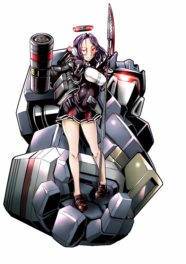 1girl 80s breasts cannon commentary crossover decepticon full_body glaive gloves glowing glowing_eyes hair_intakes holding kamizono_(spookyhouse) kantai_collection large_breasts looking_at_viewer mecha mechanical_halo oldschool polearm purple_hair red_eyes school_uniform short_hair simple_background smile soundwave standing tatsuta_(kantai_collection) transformers turret twitter_username uniform upper_body weapon white_background