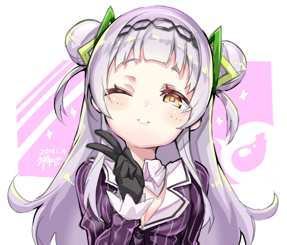 1girl bangs black_gloves blush braid breasts brown_eyes dated double_bun eggplant ekakibito eyebrows_visible_through_hair gloves hair_ornament hand_up head_tilt hololive jacket long_hair long_sleeves medium_breasts murasaki_shion one_eye_closed parted_lips pink_background purple_jacket side_braid signature silver_hair solo sparkle spoken_object striped two-tone_background two_side_up upper_body vertical-striped_jacket vertical_stripes very_long_hair virtual_youtuber white_background