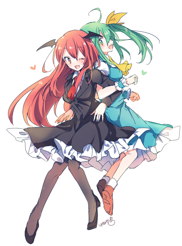 :d ;d back-to-back black_footwear black_legwear black_skirt breasts brown_footwear daiyousei full_body green_eyes green_hair head_wings heart high_heels koakuma locked_arms long_hair looking_at_viewer medium_breasts miniskirt multiple_girls necktie one_eye_closed open_mouth pantyhose red_eyes red_hair red_neckwear shoes simple_background sketch skirt smile standing touhou white_background wrist_cuffs yukimiya_(parupunta)