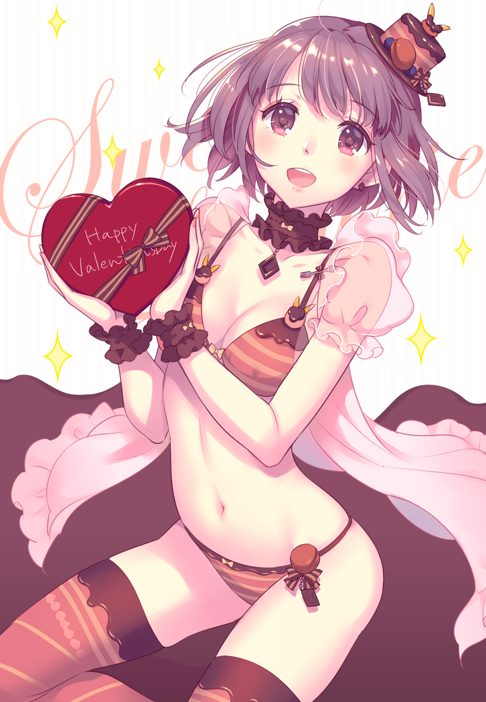 1girl :d bangs blush bow bow_bra bow_panties box bra breasts brown_hair brown_legwear cleavage collarbone commentary_request earrings english_text eyebrows_visible_through_hair food food_themed_clothes gift gift_box happy_valentine hat head_tilt heart-shaped_box highres holding holding_gift jewelry looking_at_viewer macaron mini_hat mini_top_hat nishimura_eri open_mouth original panties puffy_short_sleeves puffy_sleeves red_eyes see-through see-through_sleeves short_sleeves small_breasts smile solo sparkle striped striped_background striped_bra striped_panties sweets_lingerie thighhighs tilted_headwear top_hat underwear upper_teeth vertical-striped_background vertical_stripes wrist_cuffs