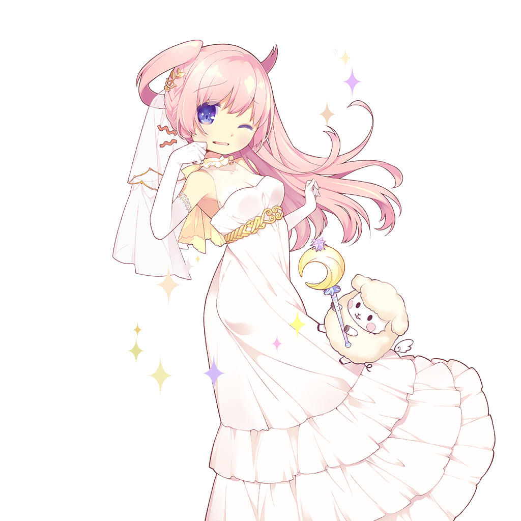 artist_request blue_eyes breasts cleavage dress elbow_gloves eyebrows_visible_through_hair gloves hair_ornament holding long_hair looking_at_viewer medium_breasts official_art one_eye_closed one_side_up open_mouth pink_hair sheep solo transparent_background twisted_torso uchi_no_hime-sama_ga_ichiban_kawaii wand white_dress white_gloves