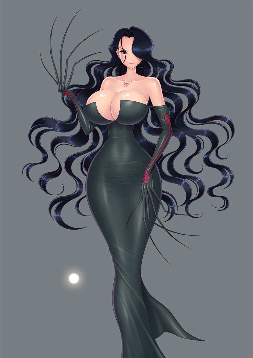 1girl akiranime bare_shoulders black_dress black_hair breasts chest_tattoo cleavage collarbone curvy dress elbow_gloves female forehead full_body fullmetal_alchemist gloves highres homunculus huge_breasts long_hair looking_at_viewer lust ouroboros purple_eyes shiny shiny_skin simple_background smile solo tattoo thighs very_long_hair wavy_hair wide_hips