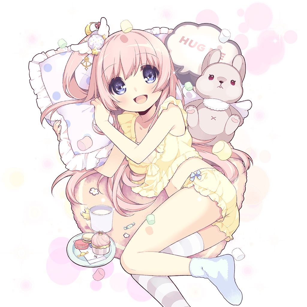 artist_request blue_eyes blush breasts candy cleavage cookie cup drink eyebrows_visible_through_hair food hair_ornament long_hair lying macaron marshmallow midriff mismatched_legwear navel official_art on_side one_side_up open_mouth pillow pink_hair single_thighhigh sleepwear small_breasts solo striped striped_legwear stuffed_animal stuffed_bunny stuffed_toy thighhighs transparent_background uchi_no_hime-sama_ga_ichiban_kawaii