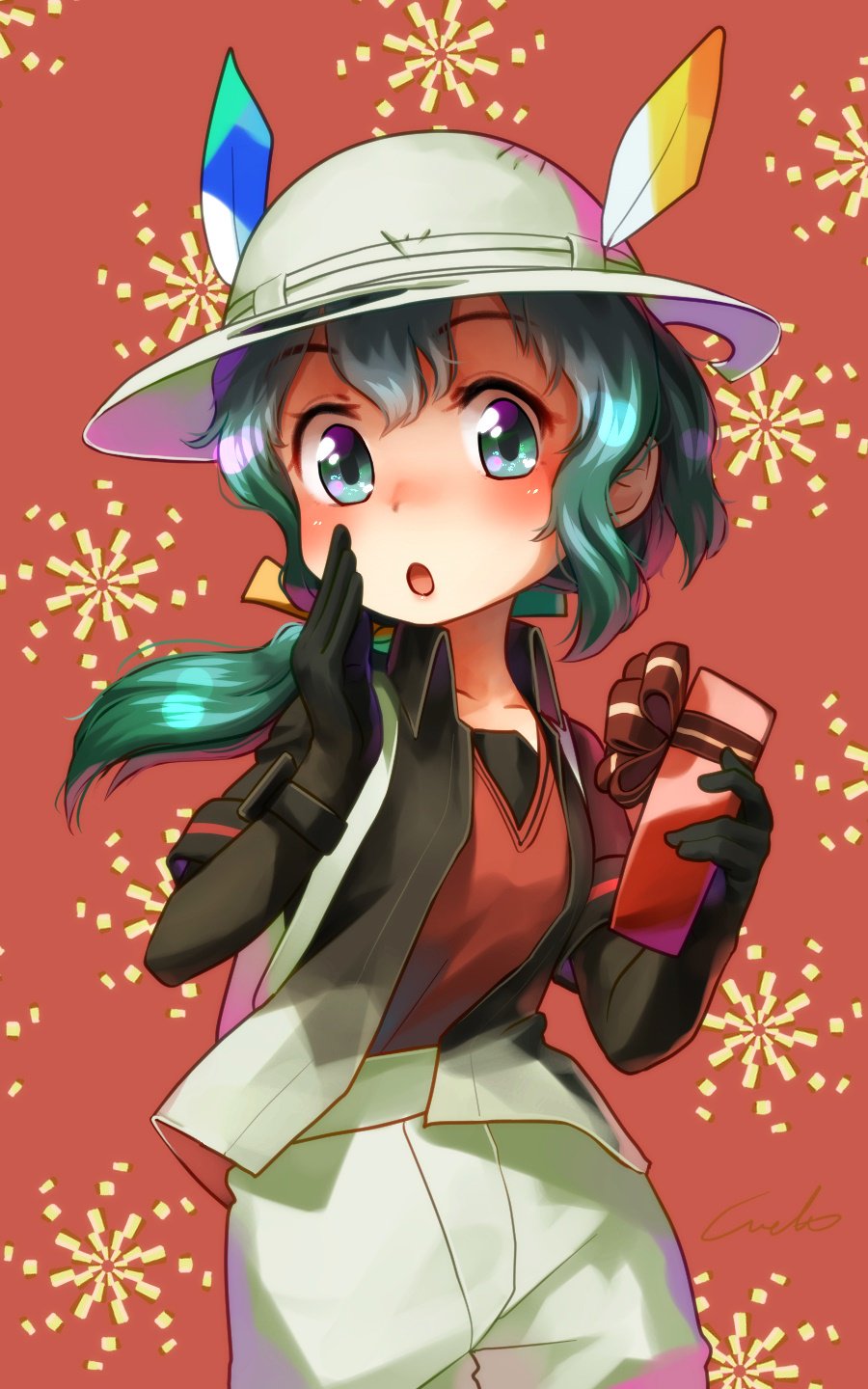1girl black_hair blue_eyes chocolate chocolate_heart collarbone commentary_request elbow_gloves eyebrows_visible_through_hair gloves green_hair hair_tie hat_feather heart helmet highres jacket kaban_(kemono_friends) kemono_friends long_hair multicolored_hair pith_helmet ponytail short_sleeves shorts solo spoilers watch welt_(kinsei_koutenkyoku) wristwatch