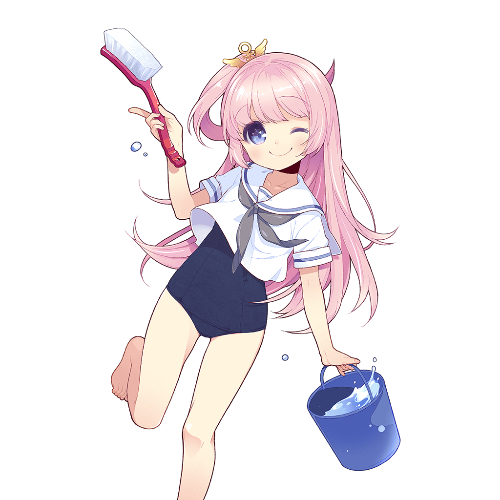 artist_request barefoot blue_swimsuit blush bucket eyebrows_visible_through_hair hair_ornament holding holding_brush holding_bucket leg_up long_hair looking_at_viewer neckerchief official_art one-piece_swimsuit one_eye_closed one_side_up pink_hair school_swimsuit school_uniform serafuku short_sleeves smile solo swimsuit transparent_background uchi_no_hime-sama_ga_ichiban_kawaii water