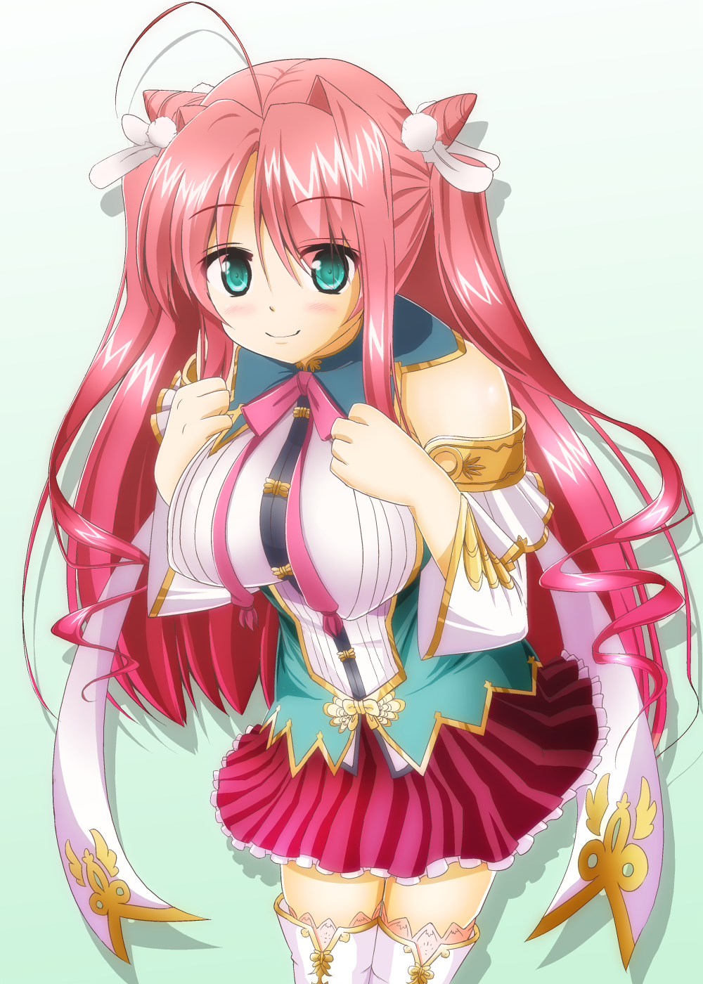 ahoge blue_eyes blush boots breasts closed_mouth commentary_request eyebrows_visible_through_hair feathers highres honda_takaharu koihime_musou large_breasts long_hair pink_hair ryuubi shin_koihime_musou simple_background smile solo thigh_boots thighhighs very_long_hair