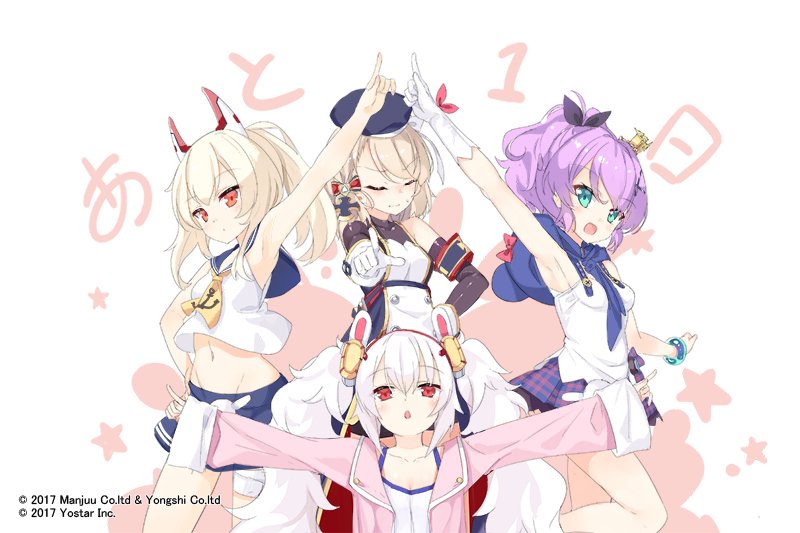 animal_ears arm_up armpits arms_at_sides ayanami_(azur_lane) azur_lane beret breasts closed_eyes commentary_request countdown fake_animal_ears gloves hair_ornament hat jacket javelin_(azur_lane) kaede_(003591163) laffey_(azur_lane) long_hair looking_at_viewer multiple_girls navel outstretched_arms purple_hair red_eyes short_hair silver_hair small_breasts spread_arms twintails z23_(azur_lane)