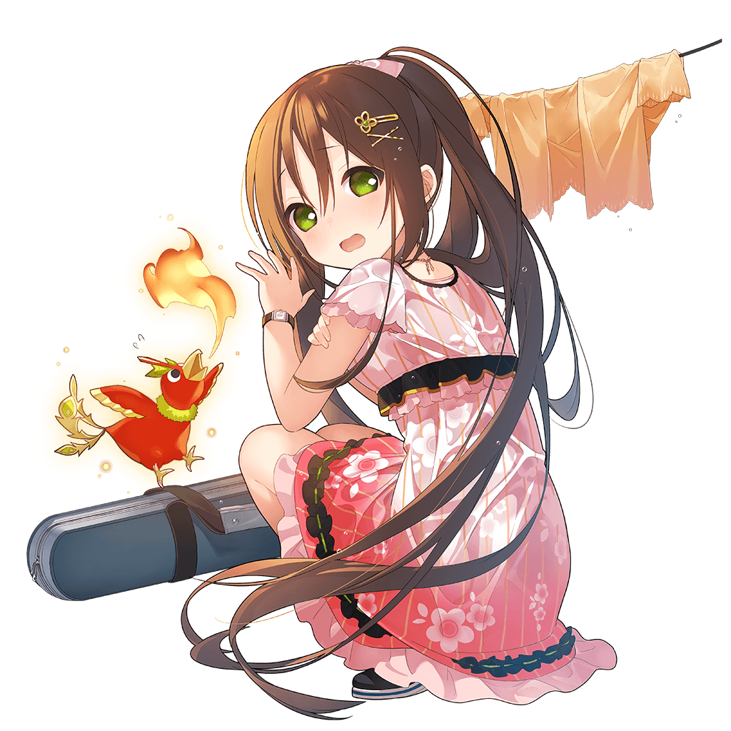 arm_grab artist_request bird breathing_fire brown_hair dress fire full_body green_eyes hair_ornament hairclip long_hair looking_at_viewer looking_back official_art open_mouth solo squatting striped suzaku_(uchi_no_hime-sama) transparent_background uchi_no_hime-sama_ga_ichiban_kawaii vertical-striped_dress vertical_stripes watch wet wristwatch