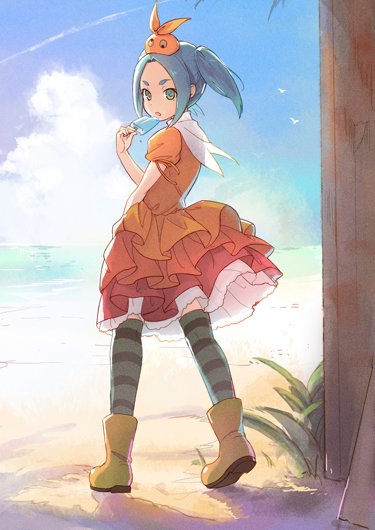 aqua_hair beach boots cloud day dress eyebrows food green_eyes hat looking_at_viewer looking_back monogatari_(series) ononoki_yotsugi open_mouth outdoors popsicle rubber_boots short_hair short_sleeves sky solo striped striped_legwear tanaka_(colorcorn) thighhighs twintails yellow_footwear
