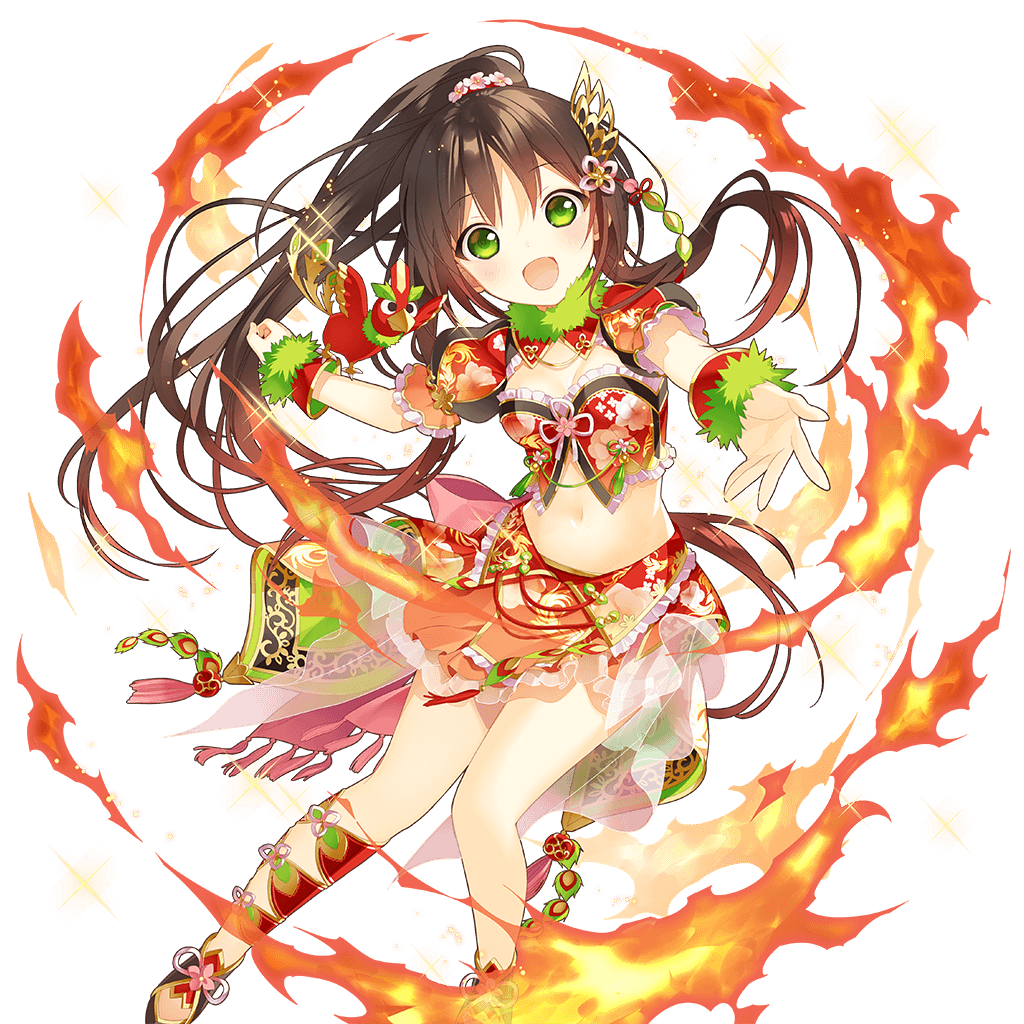 :d artist_request bird black_hair fire floating_hair green_eyes high_ponytail long_hair looking_at_viewer midriff navel official_art open_mouth outstretched_arm short_sleeves skirt smile solo suzaku_(uchi_no_hime-sama) transparent_background uchi_no_hime-sama_ga_ichiban_kawaii very_long_hair wrist_cuffs