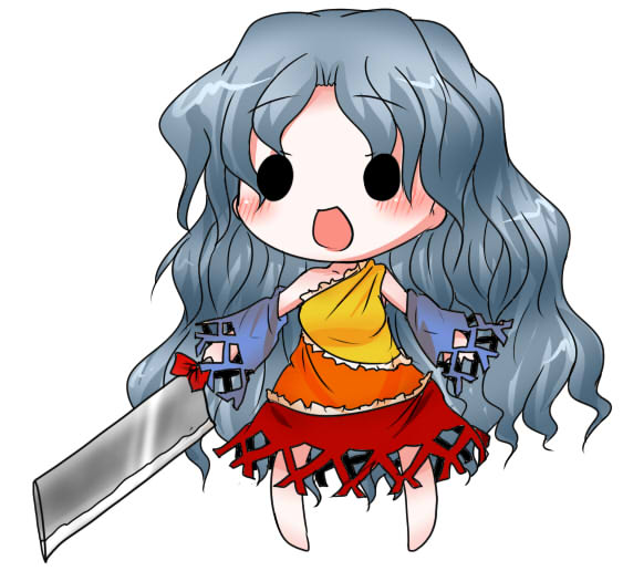 :d bare_legs bare_shoulders blush buuwa chibi detached_sleeves diamond_(shape) dress eyebrows eyebrows_visible_through_hair frilled_dress frills full_body grey_hair hatchet holding legs_apart long_hair long_sleeves multicolored multicolored_clothes multicolored_dress nose_hatchet open_mouth orange_dress oriental_hatchet red_dress sakata_nemuno simple_background single_bare_shoulder single_strap smile solid_circle_eyes solo standing touhou wavy_hair white_background wide_sleeves yellow_dress