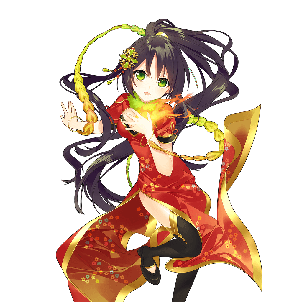 artist_request black_legwear bracelet china_dress chinese_clothes dress fire floral_print green_eyes hair_ornament high_ponytail jewelry long_hair looking_at_viewer official_art open_mouth ponytail short_sleeves side_slit solo suzaku_(uchi_no_hime-sama) thighhighs transparent_background uchi_no_hime-sama_ga_ichiban_kawaii very_long_hair wind wind_lift