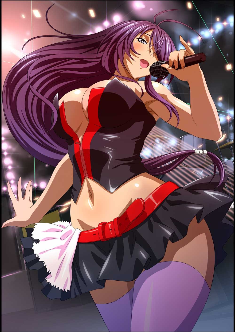 bare_arms bare_shoulders belt cleavage curvy female grey_eyes hair_over_one_eye hips holding ikkitousen kan'u_unchou large_ass large_breasts long_hair microphone navel open_mouth purple_hair purple_legwear sing singing skirt solo stomach tagme thick_thighs thighs tongue very_long_hair wide_hips