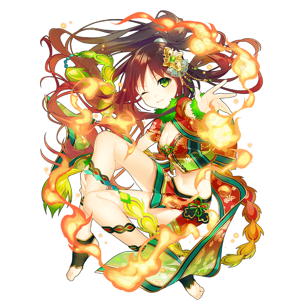 artist_request breasts chinese_clothes cleavage floating_hair full_body green_eyes hair_ornament hand_on_leg long_hair looking_at_viewer medium_breasts midriff navel official_art one_eye_closed outstretched_arm outstretched_hand parted_lips ponytail red_hair side_slit skirt solo suzaku_(uchi_no_hime-sama) toeless_legwear transparent_background uchi_no_hime-sama_ga_ichiban_kawaii wrist_cuffs