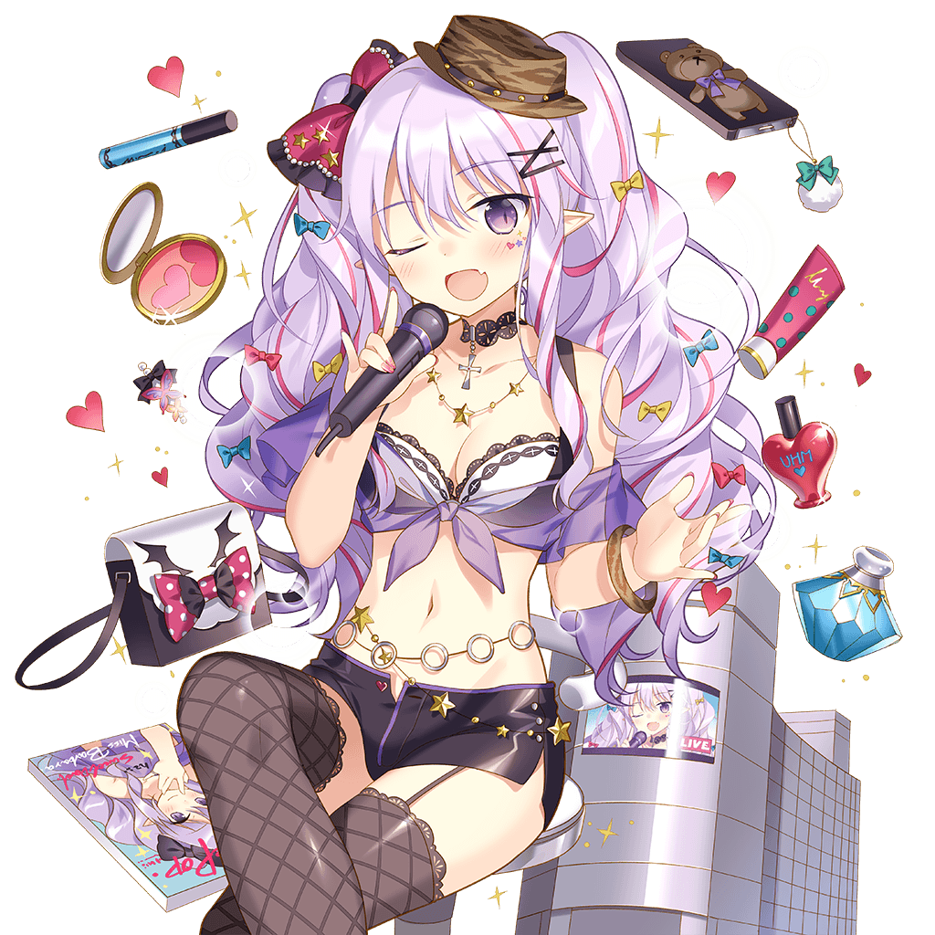 ;d bag black_legwear blush bow bracelet breasts cellphone choker cleavage cross crossed_legs fang garter_straps hair_bow hair_ornament hairclip handbag hat heart holding holding_microphone jewelry lavender_hair long_hair looking_at_viewer magazine makeup medium_breasts microphone miss_barbara multicolored_hair navel necklace official_art one_eye_closed open_mouth perfume_(cosmetics) phone pink_hair pointy_ears purple_eyes rie_(reverie) side_slit smile solo streaked_hair thighhighs transparent_background twintails two-tone_hair uchi_no_hime-sama_ga_ichiban_kawaii