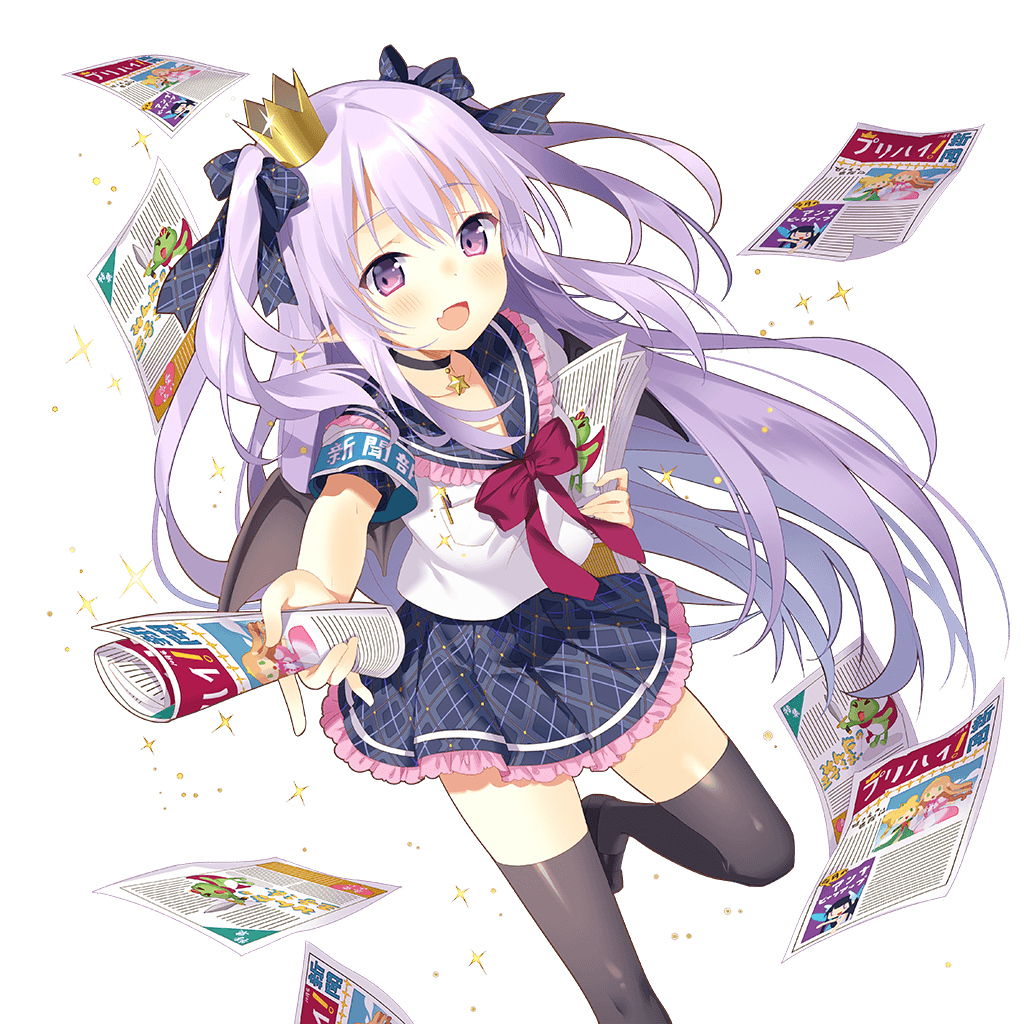 blush choker crown fang flyer hair_ribbon holding lavender_hair leg_up long_hair looking_at_viewer miss_barbara official_art open_mouth outstretched_arm plaid plaid_skirt pointy_ears purple_eyes ribbon rie_(reverie) short_sleeves skirt solo transparent_background two_side_up uchi_no_hime-sama_ga_ichiban_kawaii
