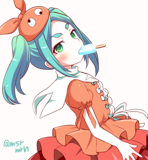 aqua_hair blush center_frills dress dutch_angle food food_in_mouth frills green_eyes hat layered_dress long_hair looking_at_viewer looking_to_the_side marshmallow_mille monogatari_(series) mouth_hold nisemonogatari ononoki_yotsugi orange_dress orange_hat pleated_dress popsicle puffy_short_sleeves puffy_sleeves short_sleeves sidelocks simple_background solo thick_eyebrows twintails twitter_username v-shaped_eyebrows white_background
