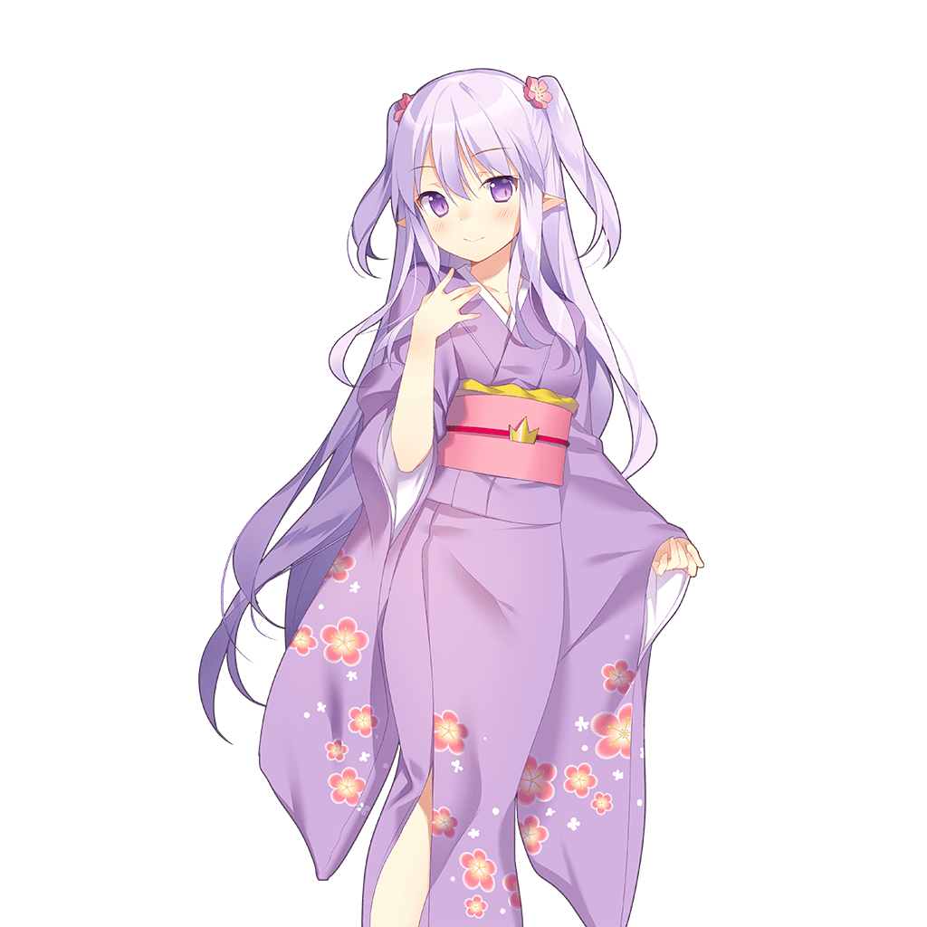 blush floral_print flower forearm_at_chest furisode hair_flower hair_ornament japanese_clothes kimono lavender_hair long_hair long_sleeves looking_at_viewer miss_barbara obi official_art pointy_ears purple_eyes rie_(reverie) sash smile solo transparent_background two_side_up uchi_no_hime-sama_ga_ichiban_kawaii wide_sleeves
