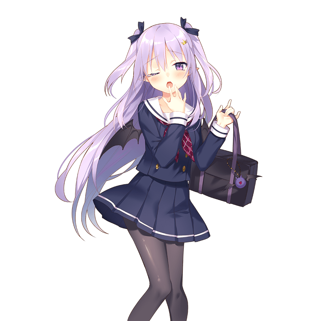 bag bat_wings black_legwear black_wings blush hair_ornament hand_to_own_mouth holding holding_bag lavender_hair looking_at_viewer miss_barbara official_art open_mouth pantyhose pleated_skirt pointy_ears purple_eyes rie_(reverie) school_uniform skirt solo tears transparent_background two_side_up uchi_no_hime-sama_ga_ichiban_kawaii wince wings yawning