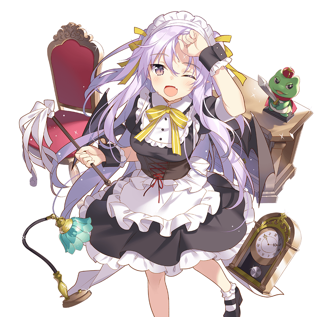arm_up bat_wings black_wings blush chair clock dress duster fang holding lamp lavender_hair long_hair looking_at_viewer maid_headdress mary_janes miss_barbara official_art one_eye_closed open_mouth pointy_ears puffy_sleeves purple_eyes rie_(reverie) shoes short_sleeves solo transparent_background uchi_no_hime-sama_ga_ichiban_kawaii wings wrist_cuffs