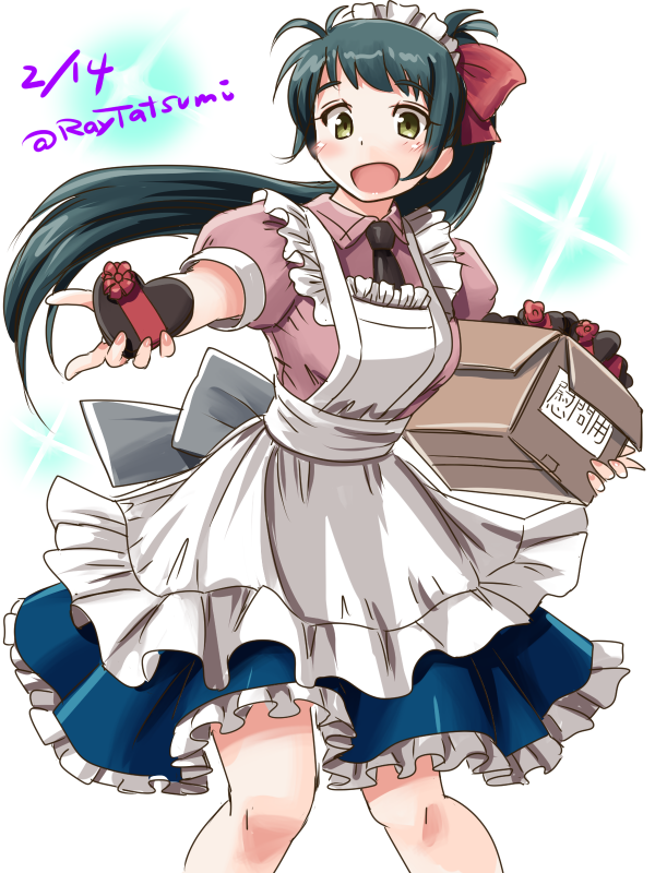 1girl adapted_costume alternate_costume apron black_neckwear blue_skirt box chocolate commentary_request dated enmaided feet_out_of_frame frilled_apron frilled_skirt frills green_hair hair_ribbon heart irako_(kantai_collection) kantai_collection long_hair maid multicolored multicolored_background necktie open_mouth pink_skirt ponytail puffy_short_sleeves puffy_sleeves red_ribbon ribbon short_ponytail short_sleeves skirt solo standing tatsumi_ray translation_request twitter_username white_apron