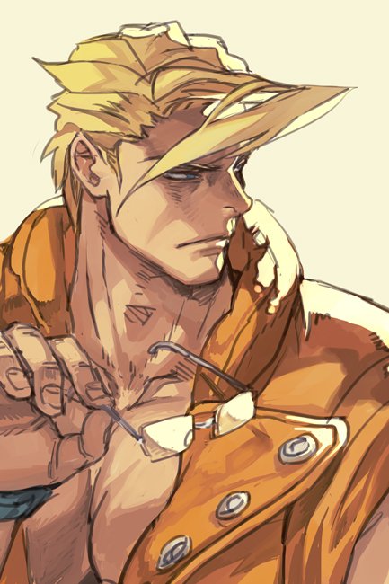 blonde_hair charlie_nash closed_mouth fingernails glasses hand_up hankuri holding jacket looking_to_the_side male_focus muscle orange_jacket shadow solo street_fighter yellow_background