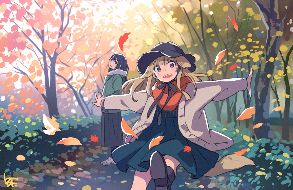 animal_ears autumn autumn_leaves bf._(sogogiching) black_eyes black_hair black_hat blonde_hair blush brown_eyes bush cardigan dog_ears dog_tail hand_in_pocket hat jacket kicking leaf long_hair long_skirt long_sleeves looking_at_viewer looking_to_the_side multiple_girls nature open_cardigan open_clothes open_mouth original outdoors outstretched_arms park scarf shoes skirt smile sneakers spread_arms sun_hat sweater tail tree