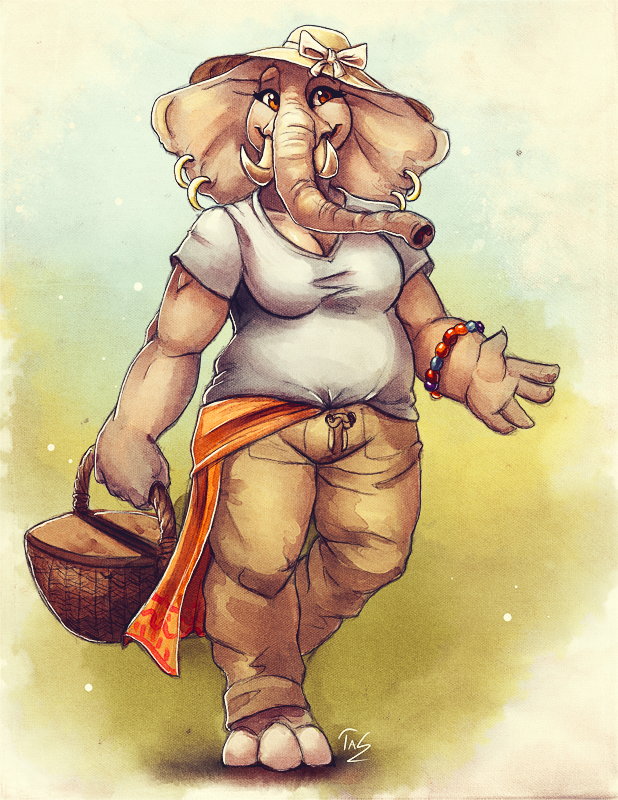 5_fingers anthro breasts brown_eyes clothed clothing ear_piercing elephant female mammal piercing solo tasanko