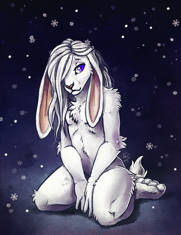 anthro fur hair kneeling lagomorph male mammal nude purple_eyes rabbit solo tasanko white_fur white_hair