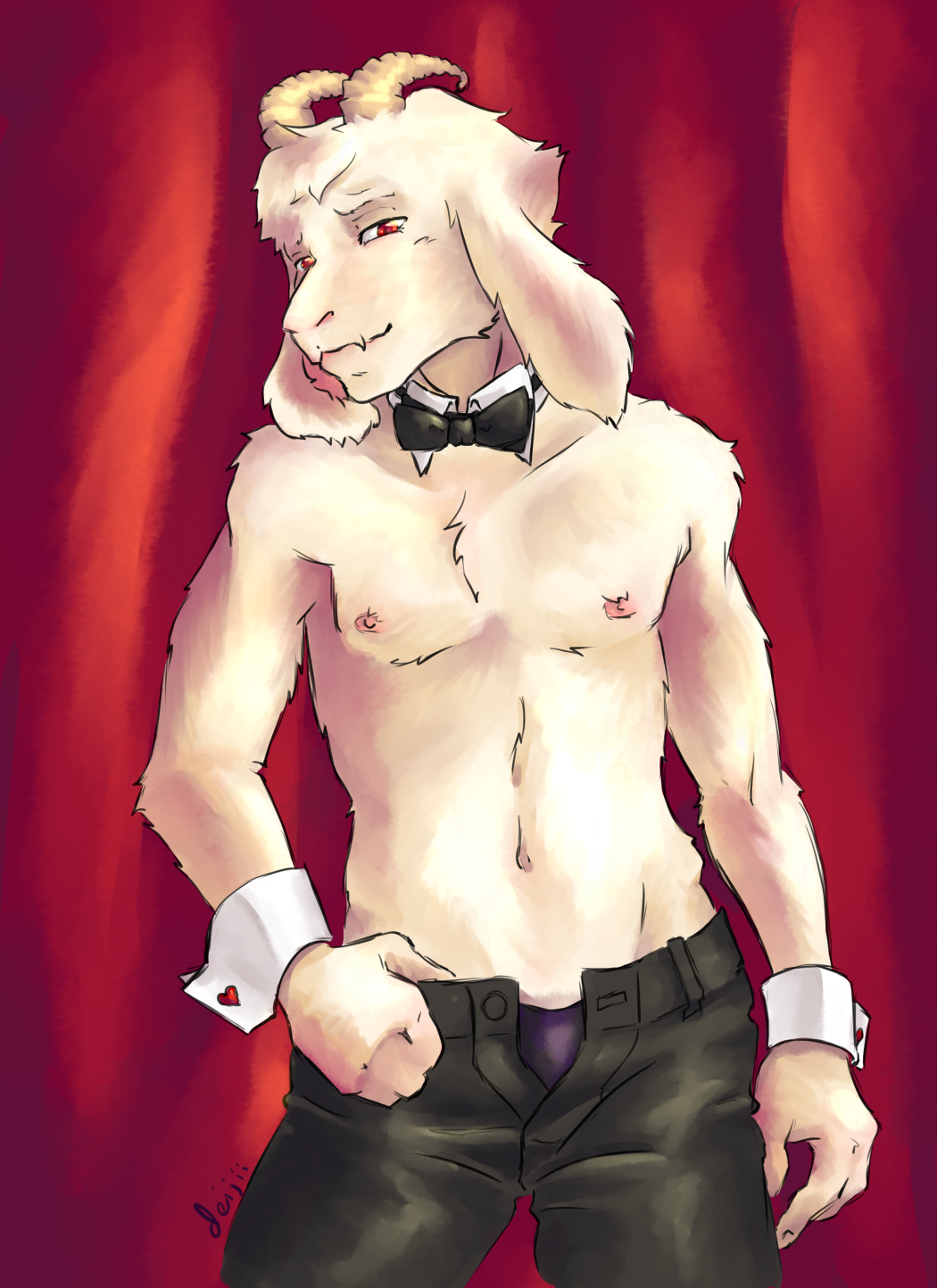 asriel_dreemurr boss_monster caprine clothed clothing deijii fur horn long_ears looking_at_viewer male mammal nipples red_eyes simple_background smile solo undertale video_games white_fur