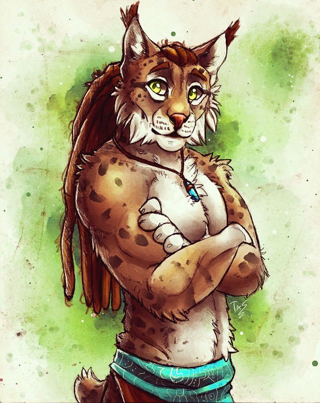 5_fingers anthro brown_fur brown_hair clothed clothing crossed_arms feline fur hair lynx male mammal solo spots spotted_fur tasanko tasdraws topless