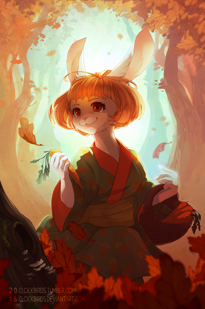 2016 anthro autumn basket breasts carrot carrot_(one_piece) clockbirds clothed clothing countershading detailed_background falling_leaves female food forest fully_clothed fur grey_fur hair happy holding_food holding_object humanoid_hands japanese_clothing kimono lagomorph mammal mushroom nature one_piece orange_hair outside rabbit red_eyes smile solo tree vegetable white_countershading yellow_fur