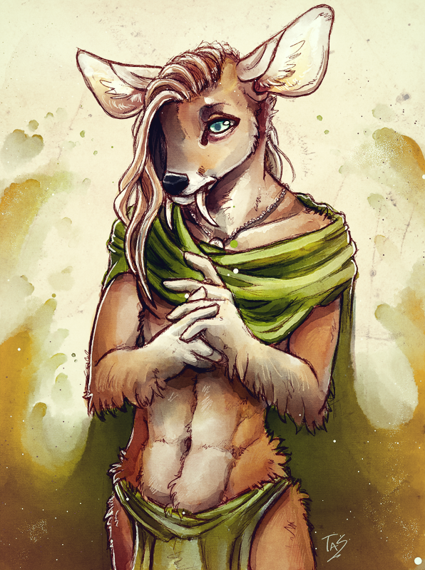 5_fingers anthro black_nose brown_fur cervine deer fur green_eyes male mammal navel solo tasanko water_deer