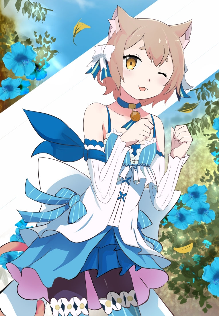 1boy animal_ears black_legwear blue_dress blue_legwear bow brown_hair cat_ears cat_tail choker crossdressing dress eyebrows felix_argyle flower hairbow one_eye_closed open_mouth orange_eyes pantyhose re:zero_kara_hajimeru_isekai_seikatsu short_hair solo striped striped_legwear tail trap wink