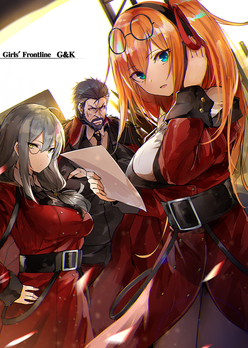 2girls ahoge arm_up bangs beard belt berezovich_kryuger_(girls_frontline) black_footwear black_hair black_hairband black_jacket black_neckwear blonde_hair blue_eyes blush boots breasts buckle buttons closed_mouth coat commentary_request cowboy_shot crossed_arms double-breasted eyebrows_visible_through_hair eyes_visible_through_hair eyewear_on_head facial_hair facial_scar girls_frontline glasses grey_hair grifon&amp;kryuger hair_between_eyes hair_ribbon hairband hand_on_own_face hands_on_hips helianthus_(girls_frontline) high_heels holding holding_paper jacket jacket_on_shoulders kalina_(girls_frontline) knee_boots large_breasts light_particles long_hair looking_at_viewer luse_maonang military military_uniform monocle multiple_girls necktie open_mouth paper ponytail purple_eyes red_jacket red_ribbon ribbon scar scar_on_cheek serious shirt short_hair side_ponytail sidelocks silver_hair sleeve_cuffs smile spiked_hair standing uniform white_shirt