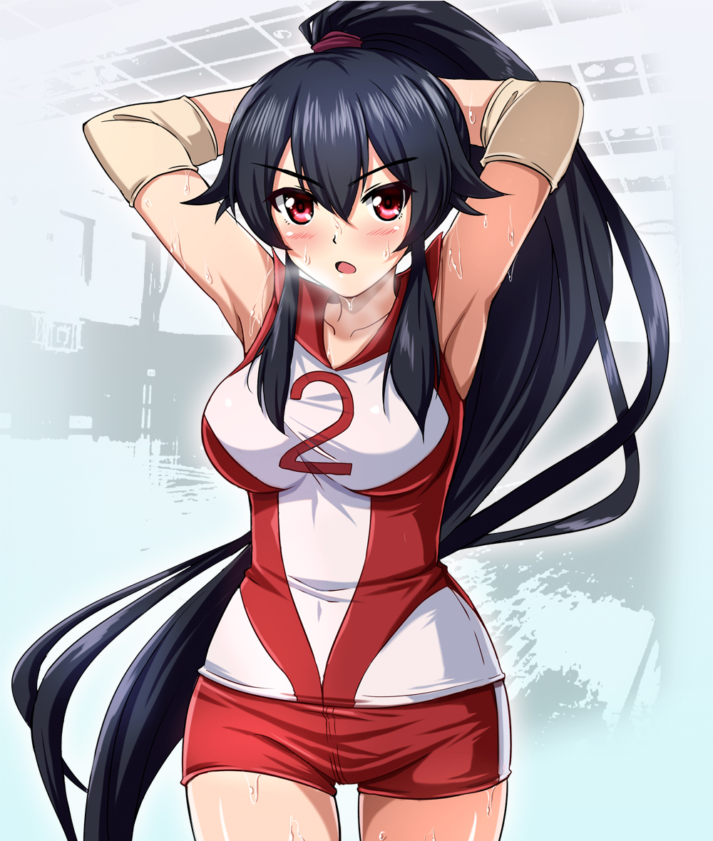 :o alternate_costume armpits arms_behind_head arms_up bangs black_hair blush breasts breath collarbone commentary_request cosplay cosplay_request covered_navel cowboy_shot elbow_pads girls_und_panzer hair_between_eyes high_ponytail indoors kantai_collection large_breasts long_hair looking_at_viewer open_mouth pink_eyes red_shorts shirt shorts sidelocks sleeveless sleeveless_shirt solo sportswear standing sweat v-shaped_eyebrows very_long_hair volleyball_uniform wet yahagi_(kantai_collection) zanntetu