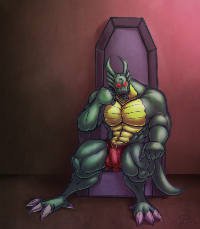 abs anthro biceps big_muscles bulge chair claws clothing demon dragon glowing glowing_eyes jackie_chan_adventures loincloth looking_at_viewer male muscular omegaro pecs red_eyes scalie sitting solo throne