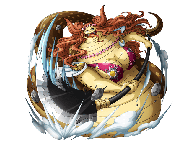 blue_eyes boa_marigold bodskih breasts cape cleavage curly_hair epaulettes fangs fat flower forked_tongue hair_flower hair_ornament lamia large_breasts long_hair monster_girl naginata official_art one_piece open_mouth orange_hair polearm snake_tail solo tail tongue transparent_background weapon