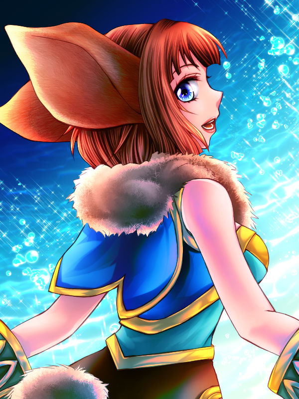 animal_ears blue_eyes breasts brown_hair chrono_cross commentary_request fur fur_trim fuuko_(jere91) janice lips medium_breasts monster_girl open_mouth short_hair sideboob solo tail