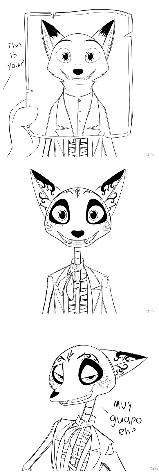 2017 bone canine clothing coco_(pixar) collar day_of_the_dead death disney english_text fox hector_rivera mammal monochrome nick_wilde photo skeleton skeletonguys-and-ragdolls spanish_text text zootopia