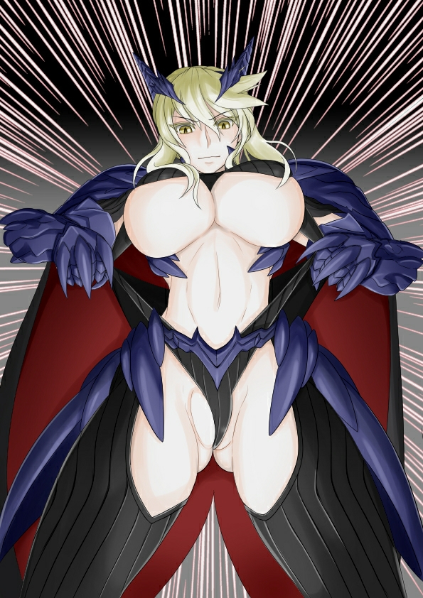artoria_pendragon_(all) artoria_pendragon_(lancer_alter) bangs black_gloves black_legwear blonde_hair braid breasts cape commentary_request dark_persona fate/grand_order fate_(series) french_braid gauntlets gloves gradient gradient_background headgear highleg highleg_leotard horns huge_breasts jojorgia leotard leotard_pull looking_at_viewer mature midriff navel open_mouth outdoors parted_lips pauldrons pulled_by_self sky solo star stomach tareme teeth thighhighs tied_hair underboob yellow_eyes