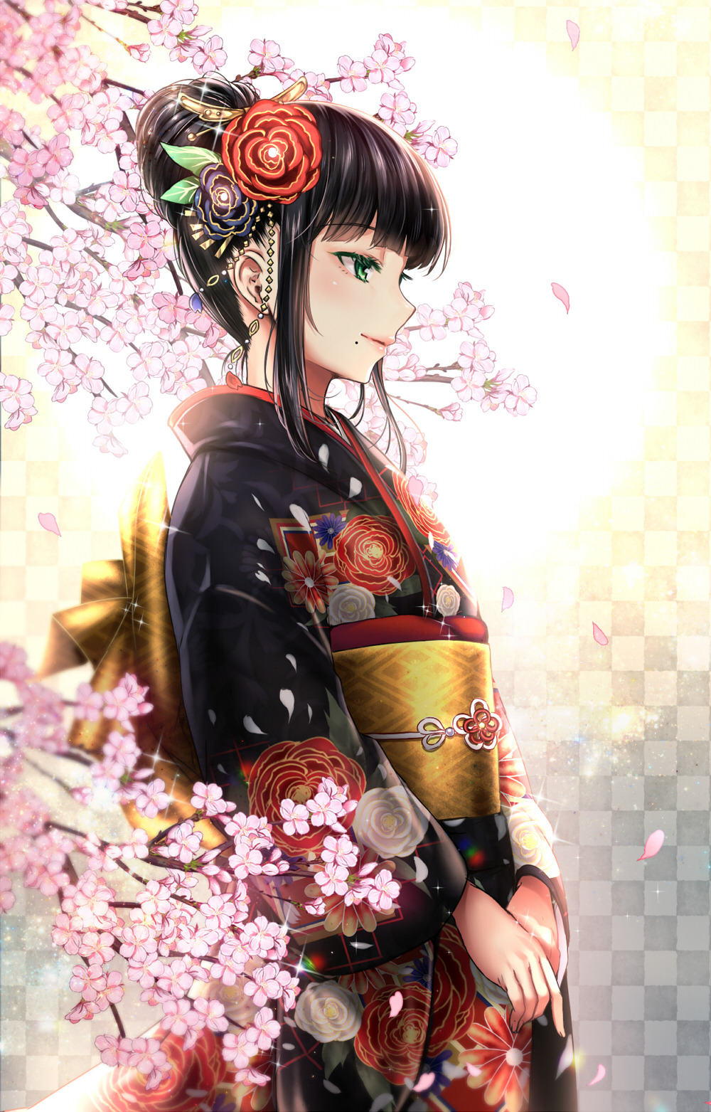 alternate_costume argyle bad_id bad_pixiv_id bangs banned_artist black_flower black_hair black_kimono blunt_bangs blush checkered checkered_background cherry_blossoms closed_mouth colored_eyelashes floral_print flower from_side gradient gradient_background green_eyes hair_bun hair_flower hair_ornament highres japanese_clothes jewelry kimono kurosawa_dia lips long_sleeves love_live! love_live!_sunshine!! mole mole_under_mouth obi own_hands_together petals print_kimono profile red_flower sash sidelocks smile sparkle tied_hair tree_branch tsukiriran tsurime v_arms wide_sleeves