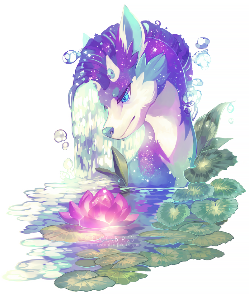 2017 ambiguous_gender blue_eyes cervine clockbirds cosmic_fur cosmic_hair countershading deer feral fur horn illuima lily_pad looking_back lotus_flower mammal nature outside partially_submerged plant pond portrait purple_fur simple_background solo water water_drop waterfall white_background white_countershading
