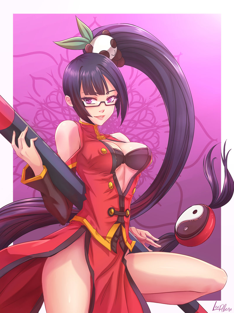 1girl artist_name bangs bare_shoulders black_hair blazblue blazblue:_calamity_trigger bra breasts china_dress chinese_clothes cleavage cowboy_shot dress eyewear fighting_stance flower glasses hair_ornament holding holding_weapon lao_jiu large_breasts leg_up leoribeiro litchi_faye_ling long_hair long_sleeves looking_at_viewer low-tied_long_hair open_clothes parted_lips pink_eyes ponytail semi-rimless_glasses side_ponytail smile solo staff standing very_long_hair weapon