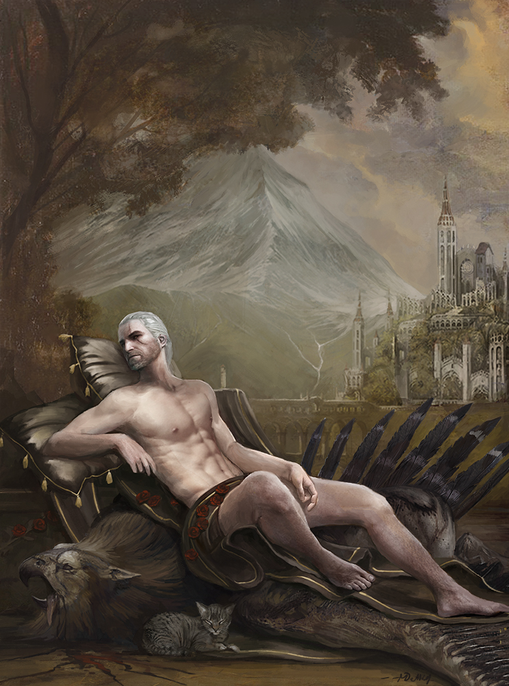 abs avian beak bedding blanket blood castle cat corpse death feathers feet feline feral flower_petals geralt_of_rivia grey_hair gryphon hair human male mammal monster mostly_nude mountain official_art outside painting palace pecs petals pillow relaxing rose_petals scar seductive sitting sky sleeping solo_focus the_witcher tongue tongue_out tree wings