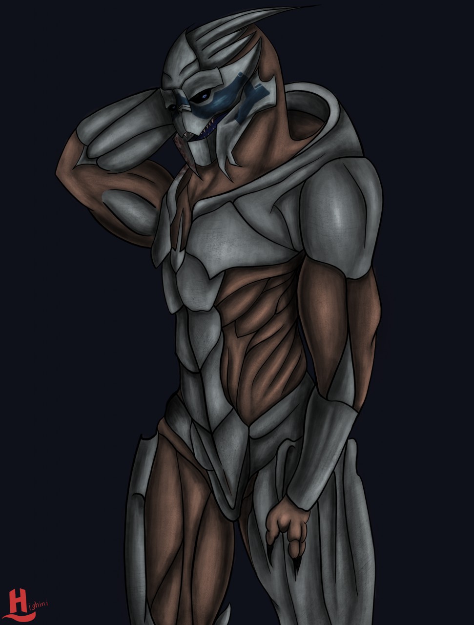 alien animal_genitalia anthro bioware digital_media_(artwork) garrus_vakarian genital_slit hadronighini hand_on_head male markings mass_effect not_furry nude shy simple_background slit solo standing turian video_games