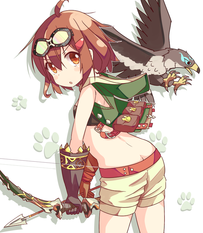 :o ahoge alternate_costume animal arrow bag bandeau bangs bare_shoulders beige_shorts bird black_bandeau bow_(weapon) brown_eyes brown_gloves brown_hair butt_crack commentary_request cosplay elbow_gloves eyebrows_visible_through_hair falcon gloves goggles goggles_on_head green_vest hair_between_eyes hair_ornament hairclip holding holding_arrow holding_bow_(weapon) holding_weapon hood hood_down hooded_vest hound_(sekaiju) ikazuchi_(kantai_collection) kantai_collection leaning_forward looking_at_viewer mizutan64 parted_lips paw_background satchel sekaiju_no_meikyuu sekaiju_no_meikyuu_5 shorts solo v-shaped_eyebrows vest weapon white_background