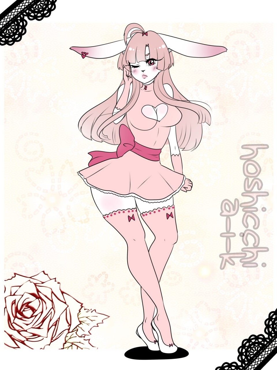 alfie hair hoshicchi lagomorph mammal pink_dress pink_eyes pink_hair pink_stockings rabbit